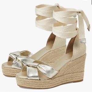 Cole Haan Cloudfeel Hampton Soft Gold Leather/Natural Canvas Wedge Sandals